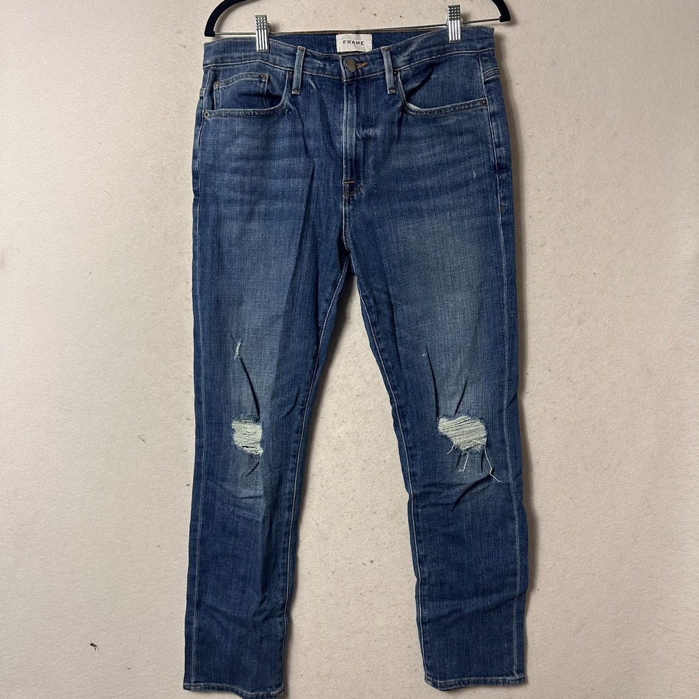 Frame Denim Le Beau Ankle Jeans dark Blue Wash high Rise Distressed Size 28